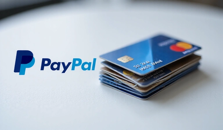 Varias tarjetas de crédito y el logo de PayPal sobre un fondo moderno, simbolizando métodos de pago seguros