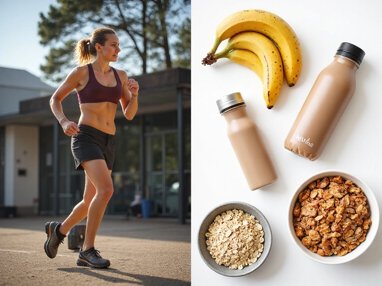 Atleta haciendo ejercicio con elementos de comida saludable en un collage visual.