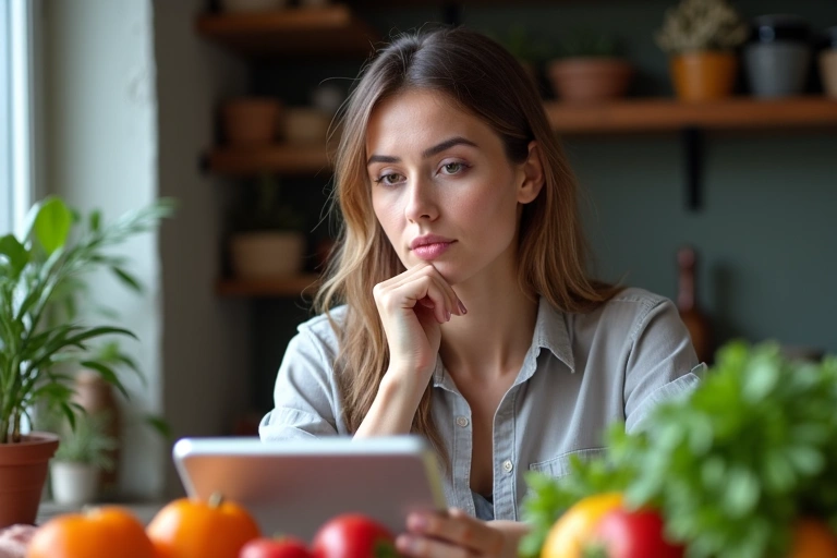 Mujer leyendo términos y condiciones en una tablet